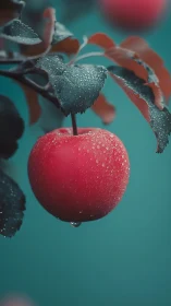 Single dewy red apple glows against a cool teal backdrop