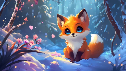 Adorable stylized fox sits in luminous snowy fantasy forest