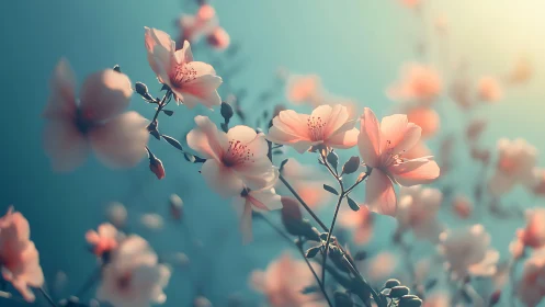 Soft Petals Bloom Against Turquoise Haze.