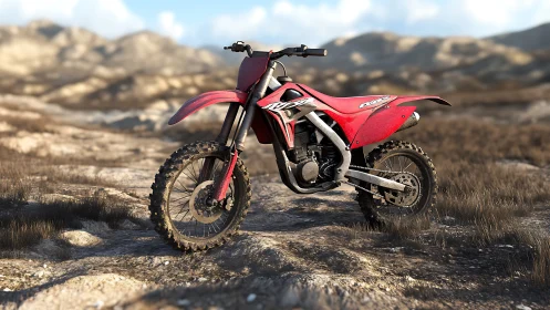 Red off-road dirt bike in sunlit rocky desert environment.