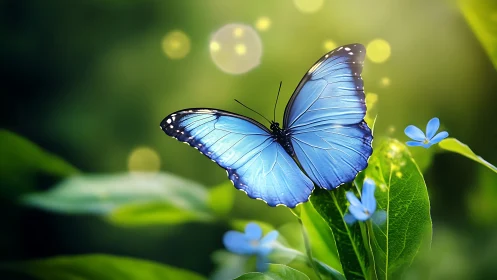 Iridescent blue butterfly on verdant leaves in sunlit bokeh field.