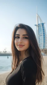 Portrait of woman on beach with modern tower in background