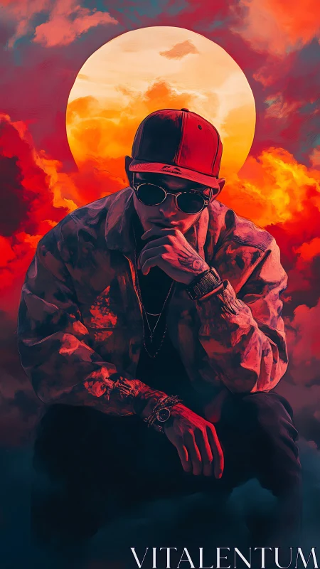 Chromatic portrait of urban figure before oversized solar disc.