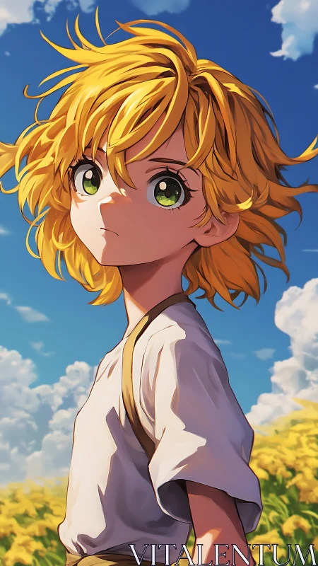 Golden haired youth in sunflower field under vivid blue sky.