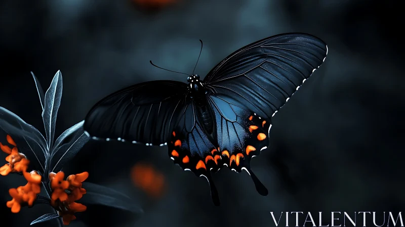 Iridescent black butterfly contrasts vividly with bokeh flora