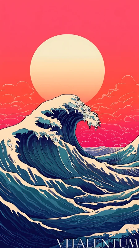 Stylized ocean wave under large sun on pink sky.