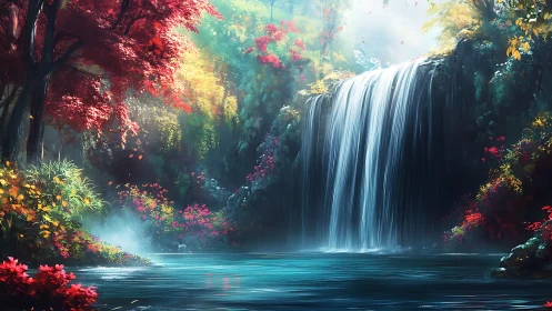 Vibrant forest waterfall pours into clear turquoise pool