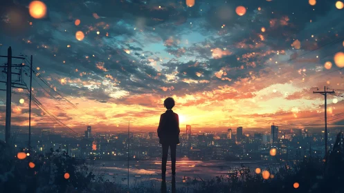 Silhouetted lone figure watches glowing city sunset sky