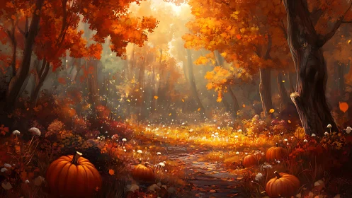 Autumn Forest Pathway with Pumpkins and Falling Leaves