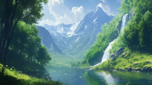 Waterfalls chorus cools a sunlit valley of crystalline peaks