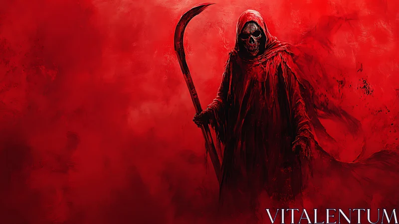 Crimson specter with corroded scythe in saturated void field.