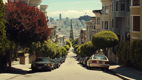 Hilly city corridor tumbles toward a sunlit urban horizon