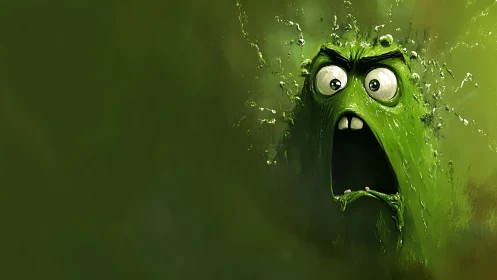 Green cartoon slime character with wide open mouth.
