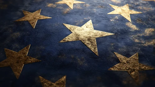 Gold textured stars lie on rough blue surface in close view