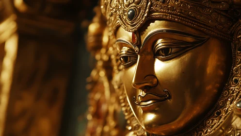 Gilded divine visage gleams in temple-shadowed silence.