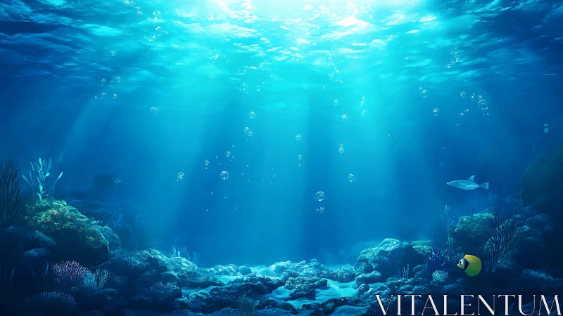 Sunlit underwater seafloor with coral, fish and bubbles.