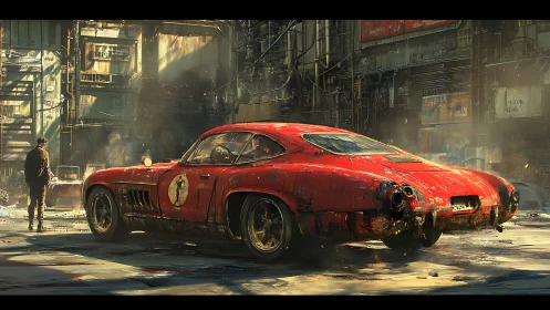 Weathered red sports car in gritty futuristic alleyway.