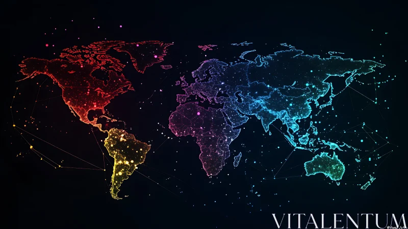Colorful digital world map glows with connected continents