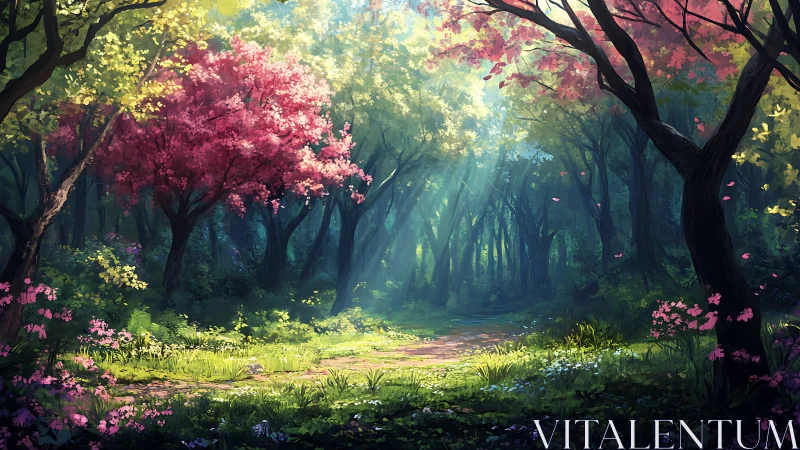 Enchanted Forest with Blooming Trees and Luminous Canopy