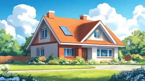 Suburban house illustration with garden and bright sky.