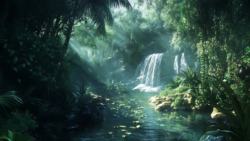Jungle waterfall landscape with tropical vegetation and water body