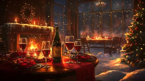 Cozy Christmas cabin glows with festive candlelit dinner.