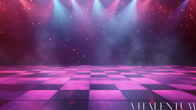 Empty illuminated stage over pink checkered floor background.