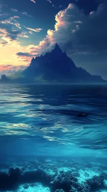 Sunlit island peak above luminous reef and deep sea.