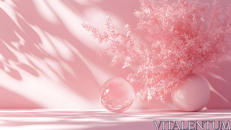 Minimalist pink floral arrangement with glass orb and soft shadows. Minimalist pink floral arrangement with glass orb and soft shadows.