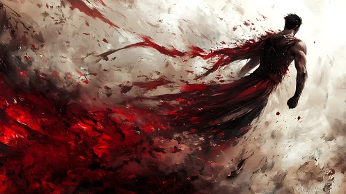 Solitary figure in red amid dynamic abstract brushwork.