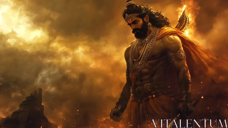 Mythic warrior in ember storm over ruined templescape.