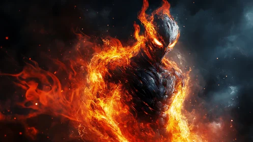 Flame-clad humanoid figure stands against dark smoky backdrop