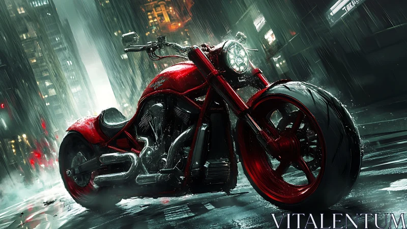 Hydrodynamic red street-cruiser under cinematic rainload.