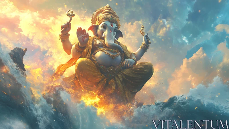 Elephant-headed deity figure is rendered in dynamic cloudy seascape