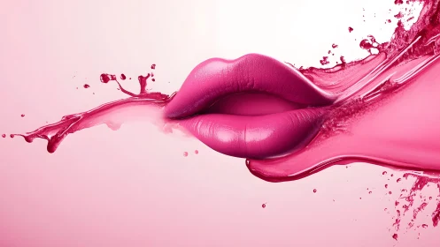 Glossy Pink Lips Surrounded by Splashing Liquid in Digital Art.