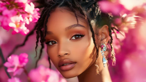 Blossom-kissed portrait of radiant beauty in pink spring haze.