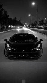 Sleek black sports car gliding confidently through night streets.