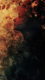 Textured profile portrait fused with autumn leaf canopy