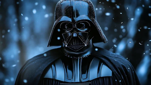 Cinematic black armored figure in snowfall, blue bokeh background