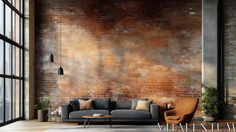 Industrial loft living room with rustic brick wall focus.