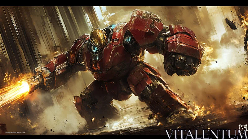 Titan war mech storms a burning city in molten fury.