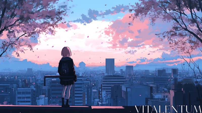 Solitary student observes pastel dusk above sprawling cityscape
