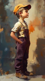 Young boy in work clothes stands against textured background