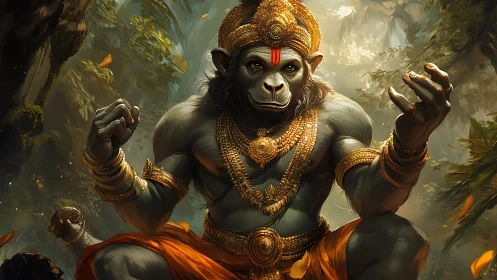 Simian warrior deity figure in ornate gold regalia, seated.