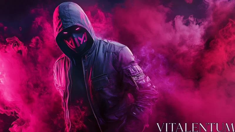 Hooded neon-masked figure emerges through magenta vapor field