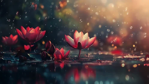 Red lotus flowers floating in water with water droplets and soft bokeh lighting.