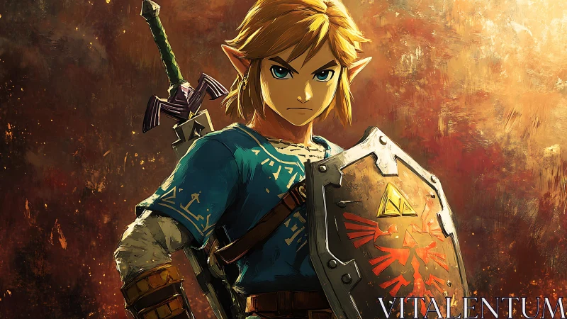 Heroic swordsman steadies shield beneath sunset burst light