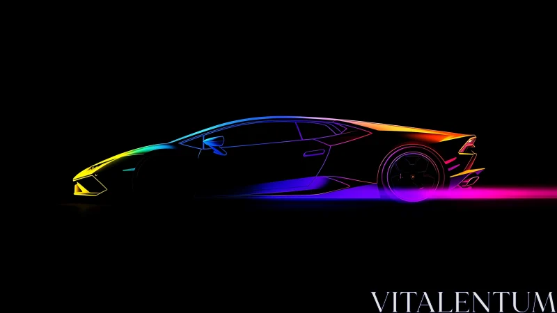 Neon-outlined supercar silhouette glows against deep black
