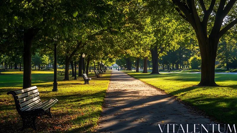Linear park promenade under directional late-afternoon illumination.