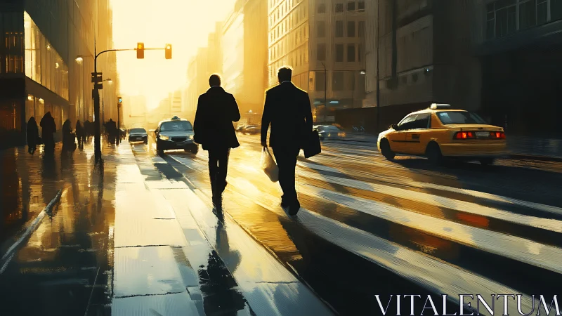 Urban professionals navigate wet city street at golden hour